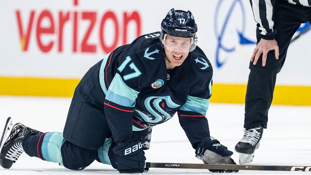Jan 29, 2026; Seattle, Washington, USA; Seattle Kraken forward Jaden Schwartz (17) is slow to get up during the first period against the Toronto Maple Leafs at Climate Pledge Arena. Mandatory Credit: Stephen Brashear-Imagn Images