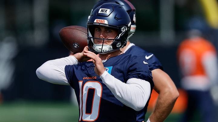 Jul 24, 2025; Englewood, CO, USA; Denver Broncos quarterback Bo Nix (10) during Denver Broncos Training Camp. Mandatory Credit: Isaiah J. Downing-Imagn Images