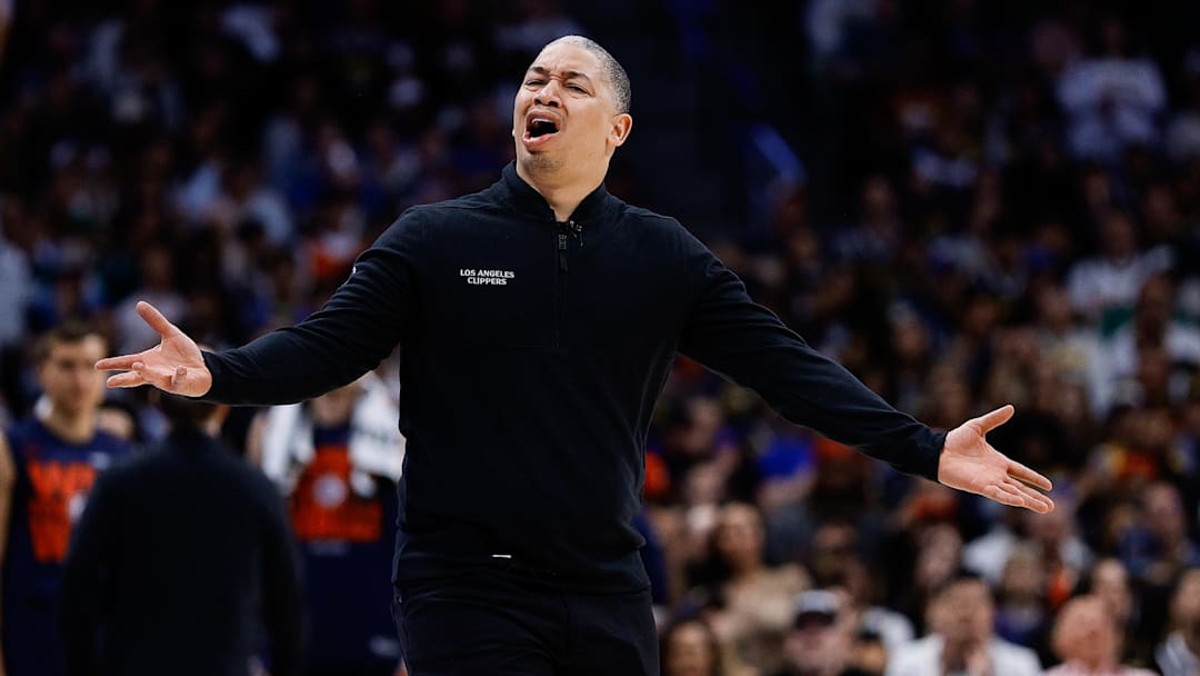 Apr 21, 2025; Denver, Colorado, USA; Los Angeles Clippers head coach Tyronn Lue in the third quarter against the Denver Nuggets during game two of first round for the 2025 NBA Playoffs at Ball Arena. Mandatory Credit: Isaiah J. Downing-Imagn Images