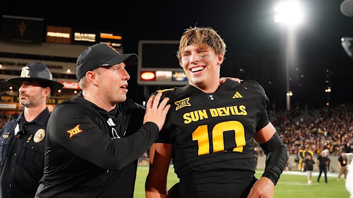 Sep 26, 2025; Tempe, Arizona, USA; Arizona State Sun Devils quarterback Sam Leavitt (10) celebrates with head coach Kenny Dillingham after win against TCU Horned Frogs at Mountain America Stadium, Home of the ASU Sun Devils. Mandatory Credit: Jacob Reiner-Imagn Images