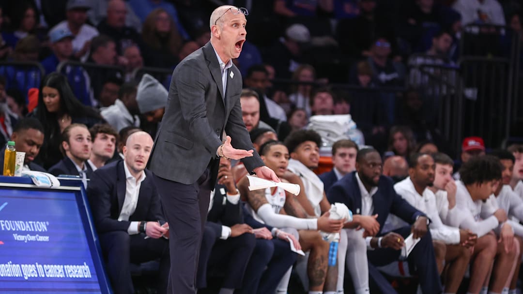 Dec 9, 2025; New York, New York, USA;  UConn Huskies head coach Dan Hurley reacts to a call in the first half against the Florida Gators at Madison Square Garden. Mandatory Credit: Wendell Cruz-Imagn Images