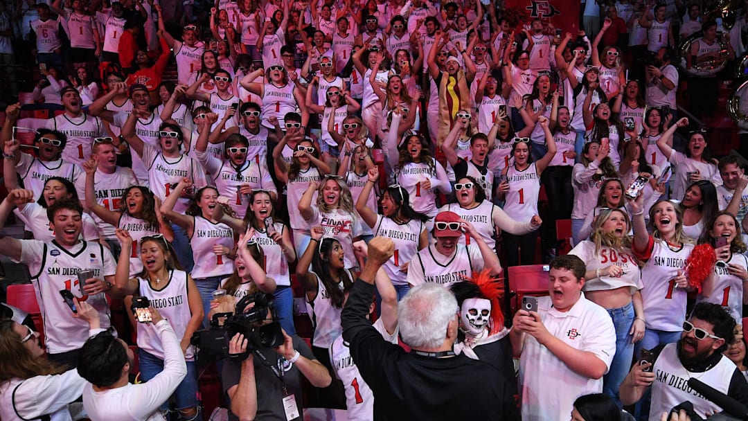 Mar 8, 2024; San Diego, California, USA; San Diego State Aztecs fans chant before the game against the Boise State Broncos at Viejas Arena. 