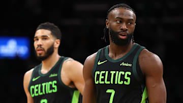 Boston Celtics forward Jayson Tatum [0] and Boston Celtics guard Jaylen Brown [7]