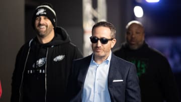 Dec 31, 2023; Philadelphia, Pennsylvania, USA; Philadelphia Eagles general manager Howie Roseman (middle) and head coach Nick Sirianni (L) walk from the tunnel before a game against the Arizona Cardinals at Lincoln Financial Field.