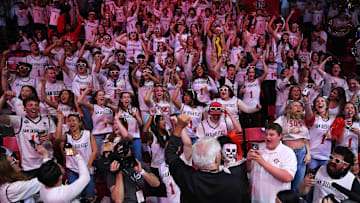 Mar 8, 2024; San Diego, California, USA; San Diego State Aztecs fans chant before the game against the Boise State Broncos at Viejas Arena. 