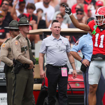 Sep 6, 2025; Athens, Georgia, USA; Georgia Bulldogs wide receiver Talyn Taylor (11) reacts after a first down against the Austin Peay Governors in the first quarter at Sanford Stadium. Mandatory Credit: Brett Davis-Imagn Images