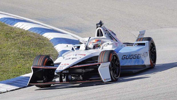 Jake Dennis of Team Andretti enters turn four during qualifying for the Formula E Series race at the Homestead Motor Speedway