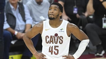 May 6, 2025; Cleveland, Ohio, USA; Cleveland Cavaliers guard Donovan Mitchell (45) reacts in the fourth quarter during game two of the second round of the 2025 NBA Playoffs against the Indiana Pacers at Rocket Arena. Mandatory Credit: David Richard-Imagn Images