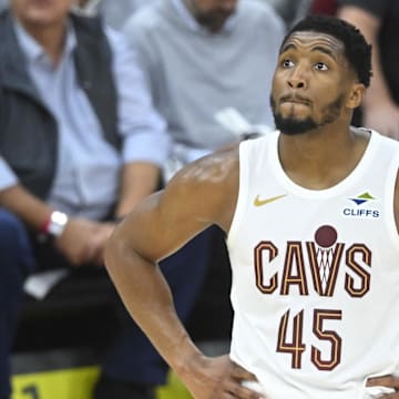 May 6, 2025; Cleveland, Ohio, USA; Cleveland Cavaliers guard Donovan Mitchell (45) reacts in the fourth quarter during game two of the second round of the 2025 NBA Playoffs against the Indiana Pacers at Rocket Arena. Mandatory Credit: David Richard-Imagn Images