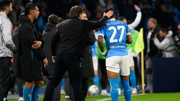 Antonio Conte, head coach of SSC Napoli greets Alisson Antonio Conte, head coach of SSC Napoli greets Alisson