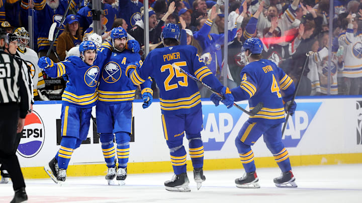 Apr 19, 2026; Buffalo, New York, USA; Buffalo Sabres right wing Alex Tuch (89) celebrates his goal with teammates during the third period against the Boston Bruins in game one of the first round of the 2026 Stanley Cup Playoffs at KeyBank Center. Mandatory Credit: Timothy T. Ludwig-Imagn Images