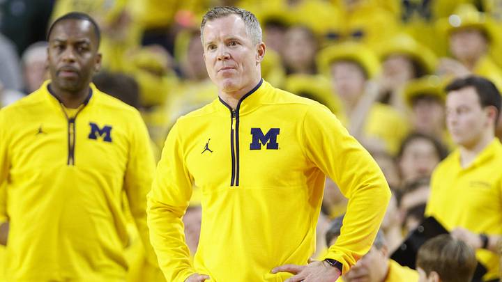 Feb 21, 2025; Ann Arbor, Michigan, USA; Michigan Wolverines head coach Dusty May looks on during the first half against the Michigan State Spartans at Crisler Center. Mandatory Credit: Brian Bradshaw Sevald-Imagn Images