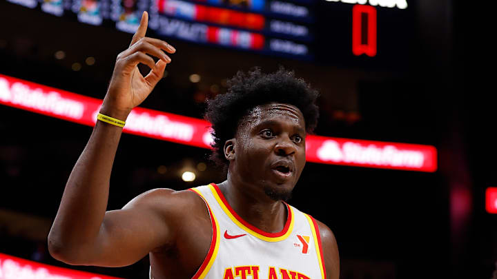 Clint Capela reacts in a match against the Houston Rockets, his current employer