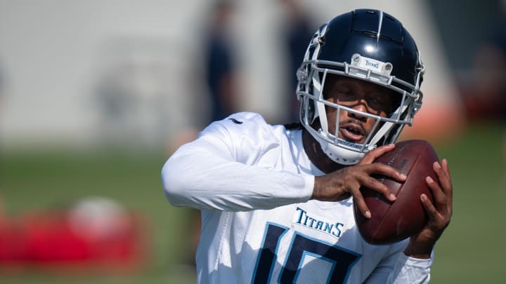 Jul 28, 2023; Nashville, Tennessee, USA; Tennessee Titans wide receiver Jacob Copeland catches a pass during preseason training at Ascension Saint Thomas Sports Park. Mandatory Credit: Denny Simmons/The Tennessean-USA TODAY Sports
