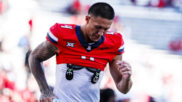 Oct 19, 2024; Tucson, Arizona, USA; Arizona Wildcats wide receiver Tetairoa McMillan (4) runs back into the locker room at the end of the fourth quarter against the Colorado Buffaloes at Arizona Stadium. Mandatory Credit: Aryanna Frank-Imagn Images