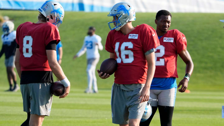 Detroit Lions quarterbacks Nate Sudfeld, Jared Goff and Hendon Hooker 