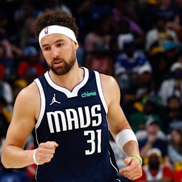 Apr 18, 2025; Memphis, Tennessee, USA; Dallas Mavericks guard Klay Thompson (31) reacts during the third quarter against the Memphis Grizzlies at FedExForum. Mandatory Credit: Petre Thomas-Imagn Images
