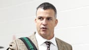 Nov 29, 2025; Pittsburgh, Pennsylvania, USA;  Miami Hurricanes head coach Mario Cristobal arrives at the stadium to coach his team against the Pittsburgh Panthers at Acrisure Stadium. Mandatory Credit: Charles LeClaire-Imagn Images
