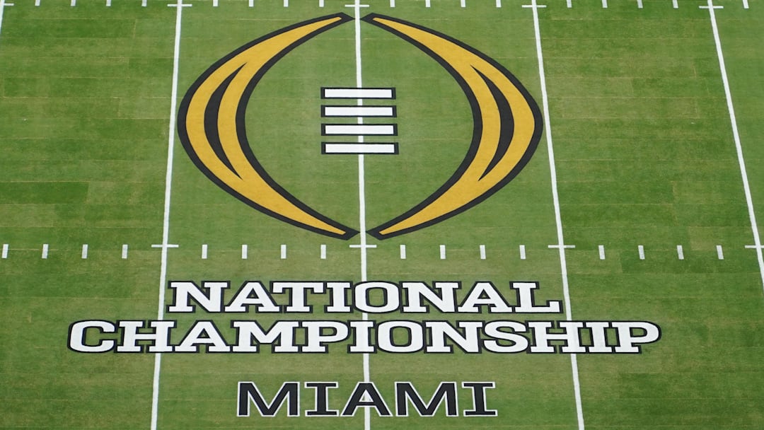 Jan 19, 2026; Miami Gardens, FL, USA; A general view of the center field logo before the CFP National Championship college football game between the Indiana Hoosiers and the Miami Hurricanes at Hard Rock Stadium. Mandatory Credit: James Lang-Imagn Images