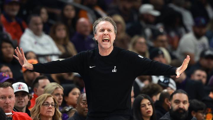 Jan 11, 2026; Phoenix, Arizona, USA; Washington Wizards head coach Brian Keefe against the Phoenix Suns at Mortgage Matchup Center. Mandatory Credit: Mark J. Rebilas-Imagn Images