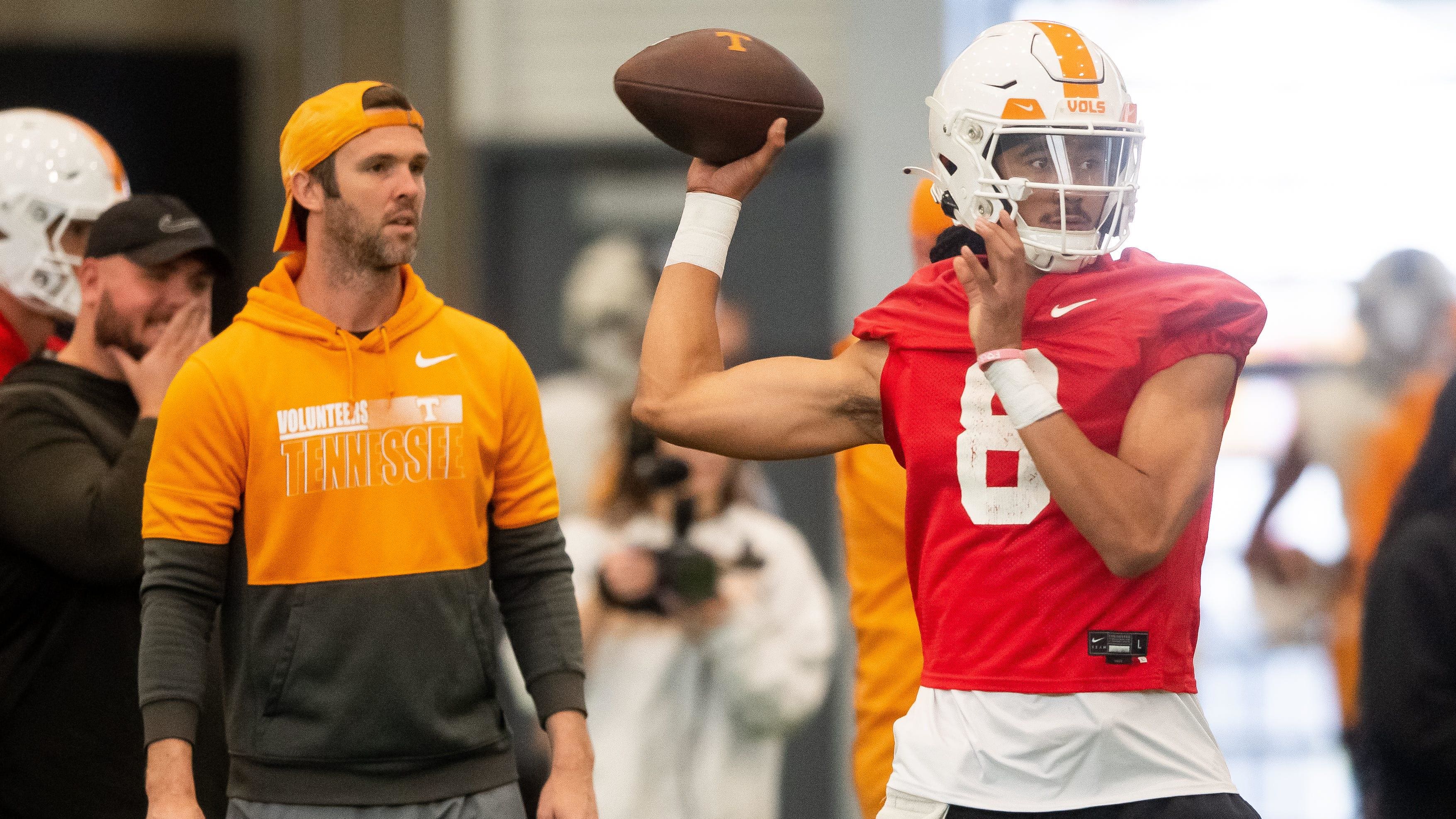 Tennessee quarterback Nico Iamaleava (8) during UT's first spring football practice on Monday, March