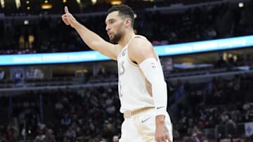 Nov 23, 2024; Chicago, Illinois, USA; Chicago Bulls guard Zach LaVine (8) gestures after a three point basket against the Memphis Grizzlies during the second half at United Center. Mandatory Credit: David Banks-Imagn Images