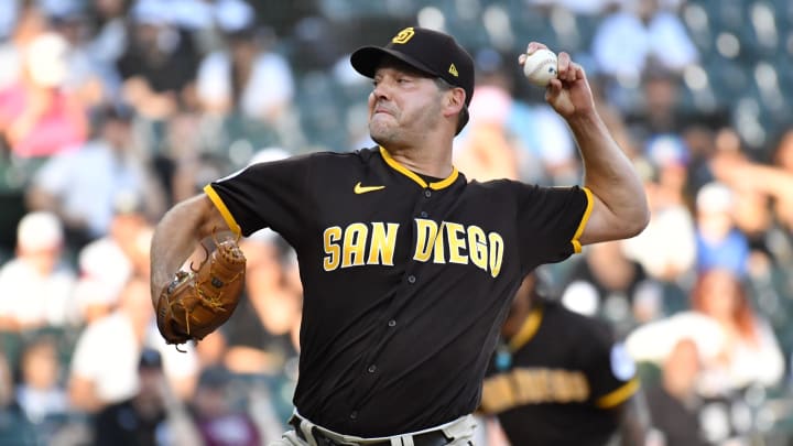 Oct 1, 2023; Chicago, Illinois, USA; San Diego Padres starting pitcher Rich Hill (41) pitches during the tenth inning against the Chicago White Sox at Guaranteed Rate Field. Mandatory Credit: Patrick Gorski-USA TODAY Sports