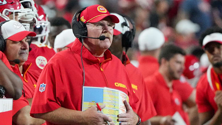 Aug 22, 2024; Kansas City, Missouri, USA; Kansas City Chiefs head coach Andy Reid watches a replay against the Chicago Bears during the game at GEHA Field at Arrowhead Stadium. Mandatory Credit: Denny Medley-Imagn Images