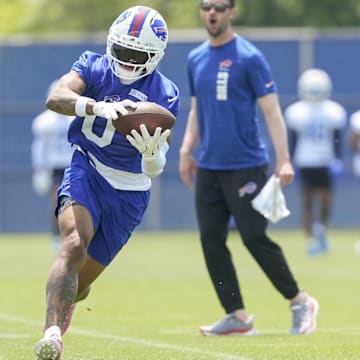 Buffalo Bills wide receiver Keon Coleman makes a catch during Minicamp at Highmark Stadium.