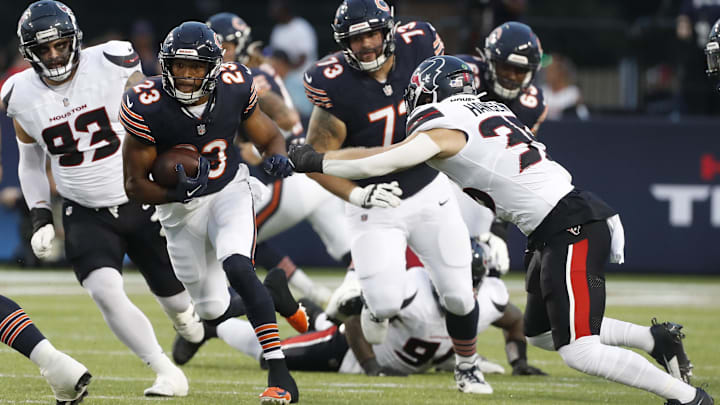 Roschon Johnson carries against the Texans in the Hall of Fame Game on Aug. 1. Johnson was inactive in the opener after a toe injury but could be active Sunday night in Houston.