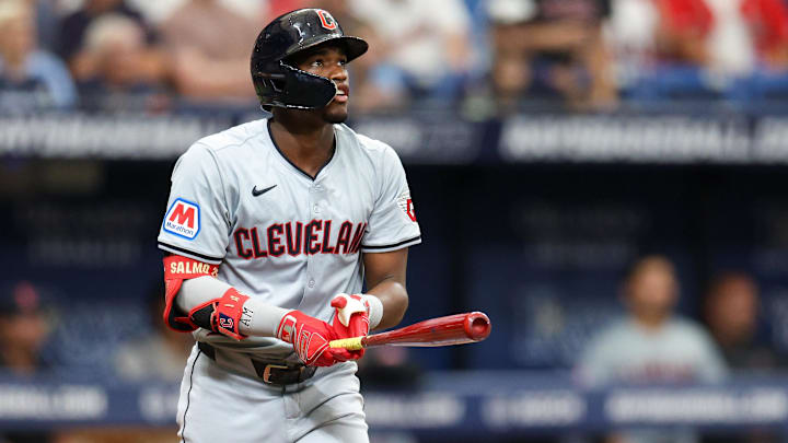 Jul 13, 2024; St. Petersburg, Florida, USA; Cleveland Guardians outfielder Angel Martinez (1) hits a home run against the Tampa Bay Rays in the fifth inning at Tropicana Field. Mandatory Credit: Nathan Ray Seebeck-Imagn Images