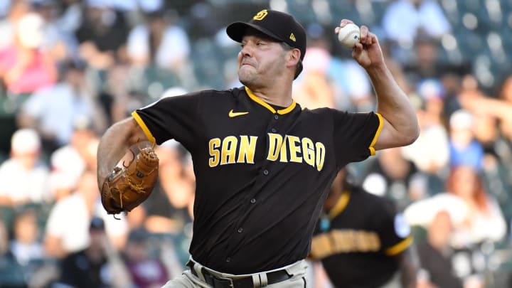 Oct 1, 2023; Chicago, Illinois, USA; San Diego Padres starting pitcher Rich Hill (41) pitches during the tenth inning against the Chicago White Sox at Guaranteed Rate Field