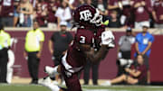 Texas A&M Aggies wide receiver Ashton Bethel-Roman (3) makes a catch for a touchdown during the third quarter against the South Carolina Gamecocks at Kyle Field.