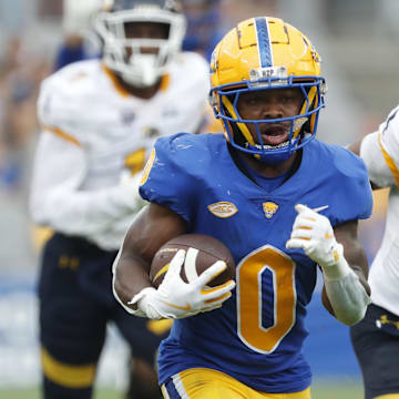 Aug 31, 2024; Pittsburgh, Pennsylvania, USA;  Pittsburgh Panthers running back Desmond Reid (0) runs on his way to scoring a touchdown against the Kent State Golden Flashes during the third quarter at Acrisure Stadium. Pittsburgh won 55-24. Mandatory Credit: Charles LeClaire-Imagn Images