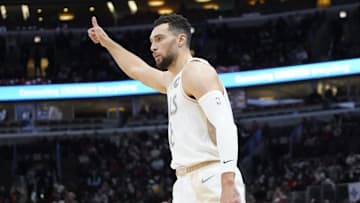 Nov 23, 2024; Chicago, Illinois, USA; Chicago Bulls guard Zach LaVine (8) gestures after a three point basket