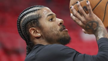 Apr 20, 2025; Houston, Texas, USA; Houston Rockets guard Jalen Green (4) warms up before the game against the Golden State Warriors at Toyota Center. Mandatory Credit: Troy Taormina-Imagn Images
