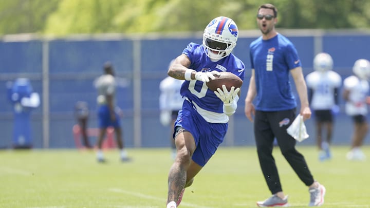 Jun 11, 2025; Orchard Park, NY, USA; Buffalo Bills wide receiver Keon Coleman (0) makes a catch during Minicamp at Highmark Stadium. Jun 11, 2025; Orchard Park, NY, USA; Buffalo Bills wide receiver Keon Coleman (0) makes a catch during Minicamp at Highmark Stadium.
