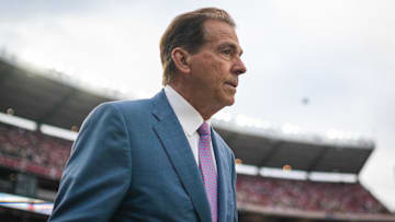 Sep 28, 2024; Tuscaloosa, Alabama, USA; Former Alabama Crimson Tide head coach Nick Saban walks onto the field before a game between the Crimson Tide and Georgia Bulldogs at Bryant-Denny Stadium. Mandatory Credit: Will McLelland-Imagn Images