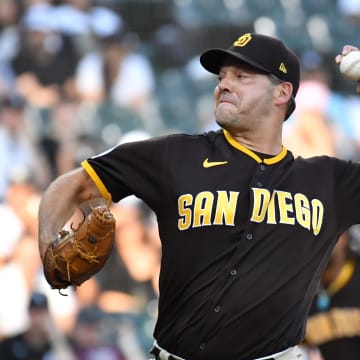 Oct 1, 2023; Chicago, Illinois, USA; San Diego Padres starting pitcher Rich Hill (41) pitches during the tenth inning against the Chicago White Sox at Guaranteed Rate Field. Mandatory Credit: Patrick Gorski-USA TODAY Sports