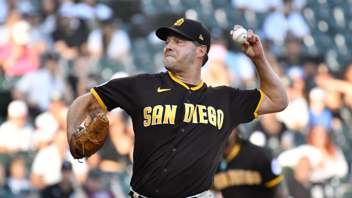 Oct 1, 2023; Chicago, Illinois, USA; San Diego Padres starting pitcher Rich Hill (41) pitches during the tenth inning against the Chicago White Sox at Guaranteed Rate Field. Mandatory Credit: Patrick Gorski-USA TODAY Sports