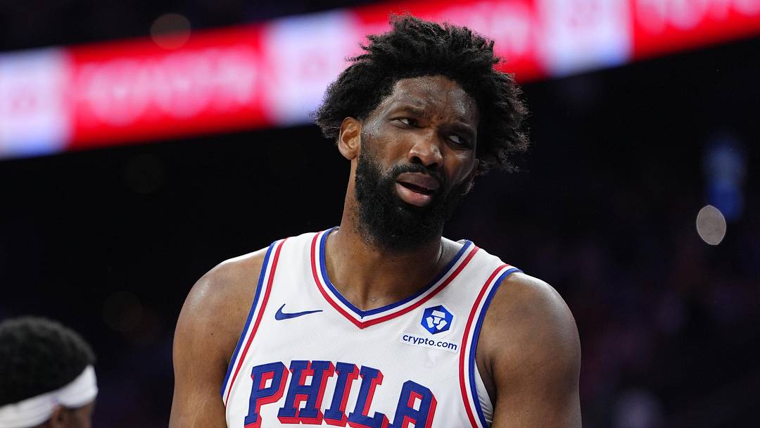 May 10, 2026; Philadelphia, Pennsylvania, USA; Philadelphia 76ers center Joel Embiid (21) reacts against the New York Knicks in the second quarter during game four of the second round of the 2026 NBA Playoffs at Xfinity Mobile Arena. Mandatory Credit: Kyle Ross-Imagn Images May 10, 2026; Philadelphia, Pennsylvania, USA; Philadelphia 76ers center Joel Embiid (21) reacts against the New York Knicks in the second quarter during game four of the second round of the 2026 NBA Playoffs at Xfinity Mobile Arena. Mandatory Credit: Kyle Ross-Imagn Images