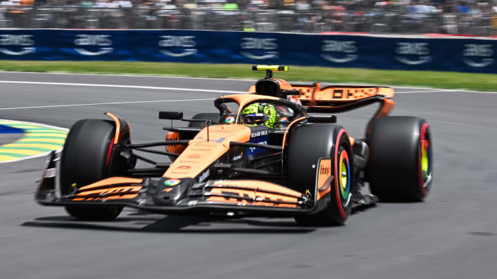 Jun 8, 2024; Montreal, Quebec, CAN; McLaren driver Lando Norris (GBR) races during FP3 practice session of the Canadian Grand Prix at Circuit Gilles Villeneuve. Mandatory Credit: David Kirouac-USA TODAY Sports