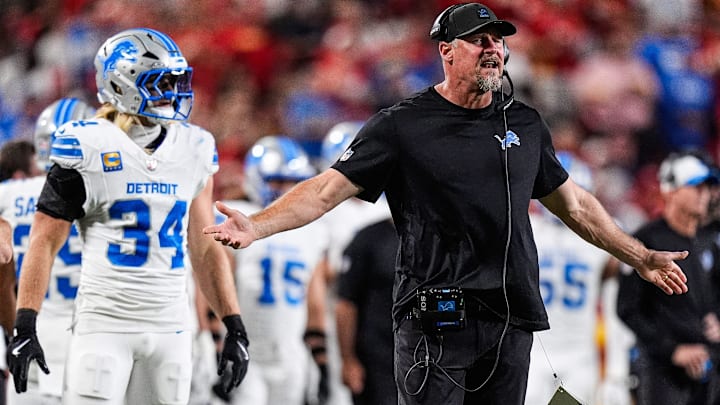 Detroit Lions head coach Dan Campbell reacts to a play against the Kansas City Chiefs during the first half at Arrowhead Stadium in Kansas City, Missouri, on Sunday, Oct. 12, 2025.