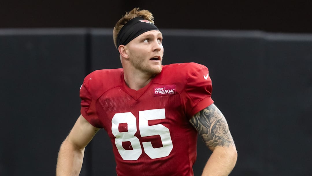 Aug 2, 2025; Glendale, AZ, USA; Arizona Cardinals tight end Trey McBride (85) in the Red and White practice during training camp at State Farm Stadium. Mandatory Credit: Mark J. Rebilas-Imagn Images