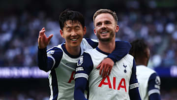 Heung Min-Son and James Maddison celebrate during the win over Brentford 