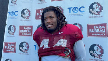 Joshua Farmer speaks to the local media following the Seminoles' 12th fall camp practice on August