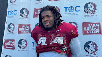Joshua Farmer speaks to the local media following the Seminoles' 12th fall camp practice on August 17, 2023.