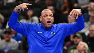 Dec 10, 2024; Milwaukee, Wisconsin, USA;  Milwaukee Bucks head coach Doc Rivers reacts in the second quarter against the Orlando Magic at Fiserv Forum. Mandatory Credit: Benny Sieu-Imagn Images