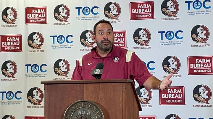 Florida State special teams coordinator John Papuchis speaks to media on August 28, 2023.