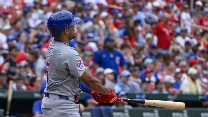 Chicago Cubs designated hitter Christopher Morel (5) hits a solo home run against the St. Louis Cardinals during the eighth inning at Busch Stadium on July 14.